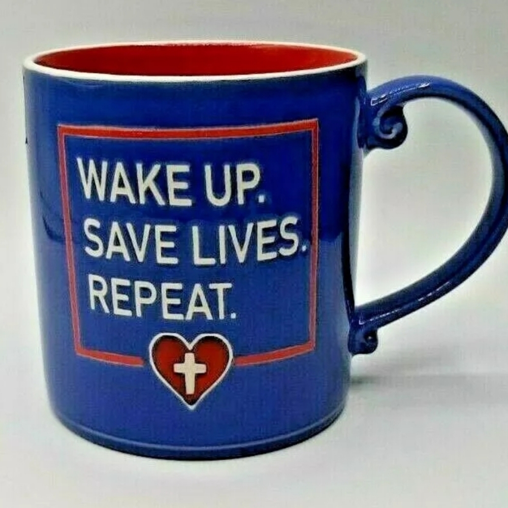 Wake Up Save Lives Repeat Blue Red 20 oz FIRST RESPONDERS Ceramic Coffee Tea Mug